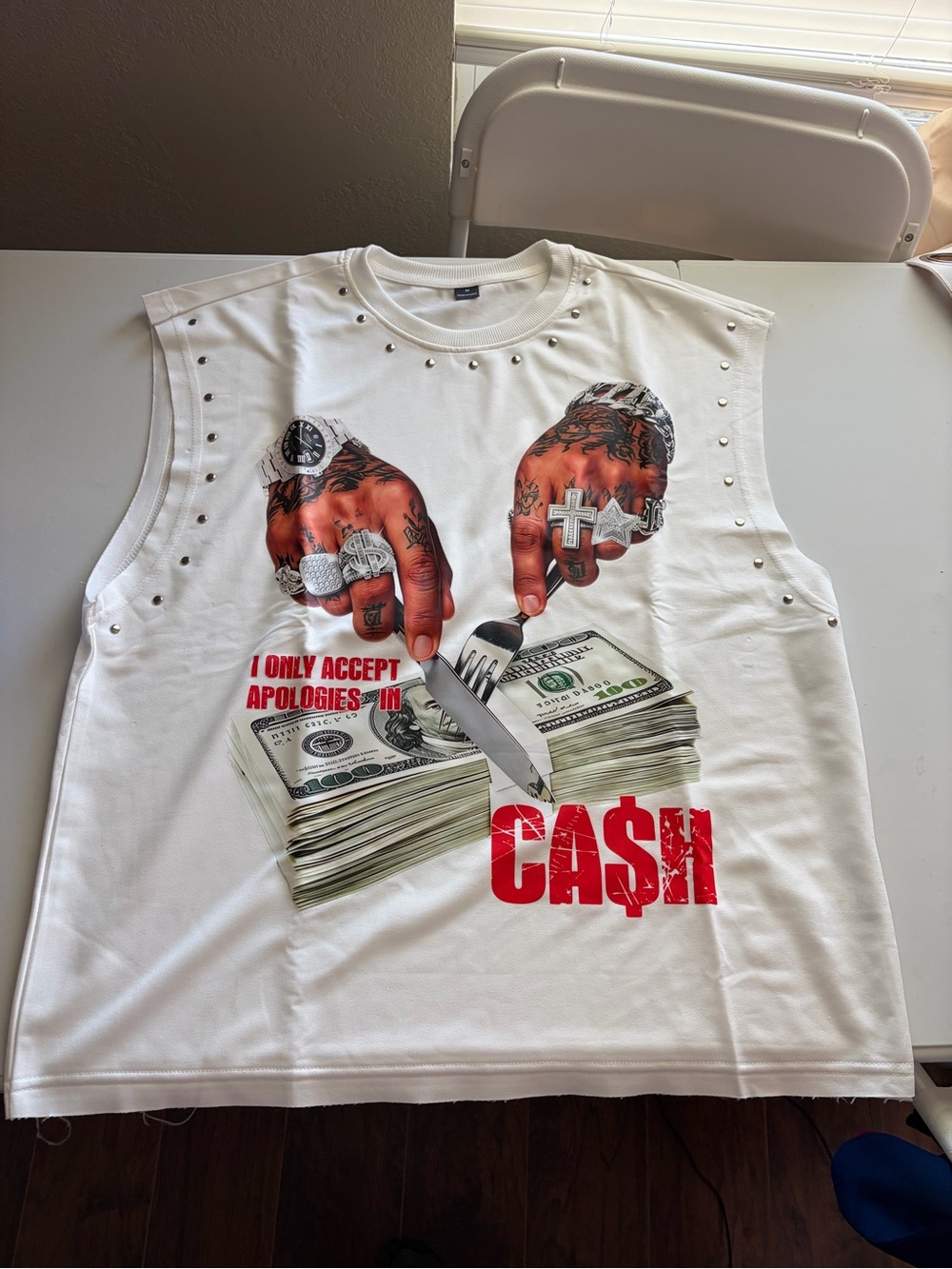 White Graphic Studded Men’s Tank Top with Cash Print